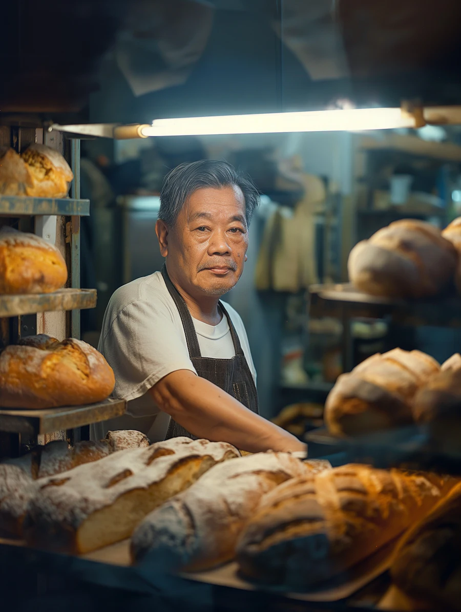 A baker standing among the morning's loaves